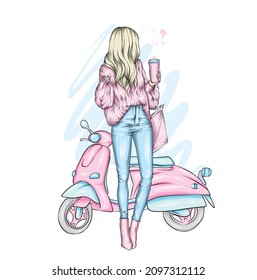 Beautiful girl and a cool motorcycle. Biker. Stylish woman. Fashion and style, clothes and accessories. Vector illustration for a card or poster. 