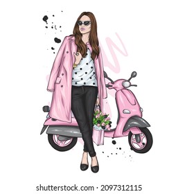 Beautiful girl and a cool motorcycle. Biker. Stylish woman. Fashion and style, clothes and accessories. Vector illustration for a card or poster. 