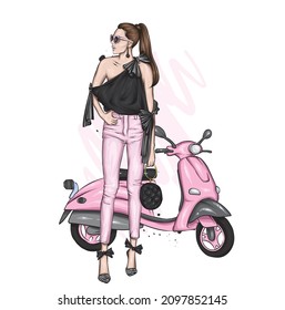 Beautiful girl and a cool motorcycle. Biker. Stylish woman. Fashion and style, clothes and accessories. Vector illustration for a card or poster. 