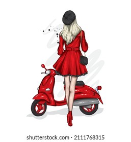 Beautiful girl and a cool motorcycle. Biker. Stylish woman. Fashion and style, clothes and accessories. Vector illustration for a card or poster.