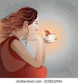 beautiful girl with copper curly hair. dark red dress and, earrings and ring. the girl holds in her hand a cup from which a goldfish looks out at her. magical and mysterious illustration