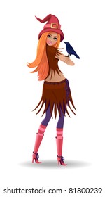 beautiful girl in the costume of a witch with a bird