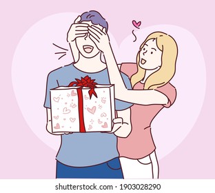 Beautiful girl is covering her boyfriend eyes and giving him a present. Hand drawn in thin line style, vector illustrations. 