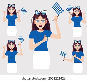 A beautiful girl with the Creek flag. A set of fan emotions. Vector illustration in cartoon style.