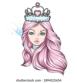 Beautiful girl in the crown. Fashion, style, clothing and accessories. Vector illustration for a postcard, print on a poster.