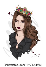 Beautiful girl in the crown. Fashion and style, clothing and accessories. Vector illustration. 
