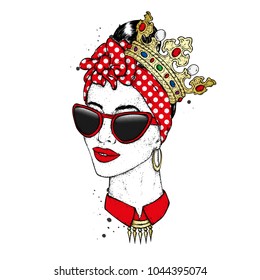 Beautiful girl in the crown and sunglasses. Vector illustration for a postcard or a poster, print for clothes. Fashion & Style.