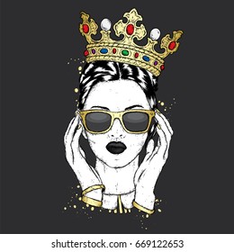 Beautiful girl in the crown and sunglasses. Vector illustration for a postcard or a poster, print for clothes. Fashion & Style.