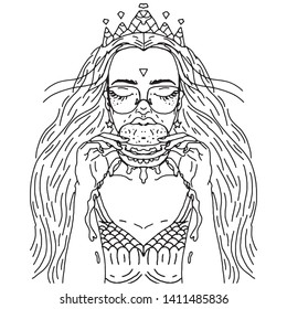 Beautiful girl with a crown is trying food. A black and white illustration for posters and postcards. A coloring for adults. Vector illustration