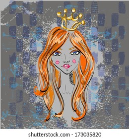 Beautiful girl with crown. Vector art-illustration on a gray background. Vector illustration