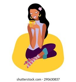 Beautiful girl with cup of tea. Vector illustration. 