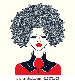 Beautiful Girl With Curly Hair, In Afro Style, Dressed In A Red Blouse With Collar.Vector Art.