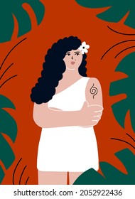 A beautiful girl with curly hair and tattoo stands in the jungle among exotic plants. Young woman’s dressed in a white dress with crossed  hands. Vector illustration in hand drawn style. 