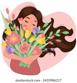 Beautiful girl with cute spring bouquet vector