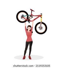 A beautiful girl in cycling clothes stands and lifts her downhill bike over her head.Isolated vector illustration on a white background.Eco transport.Cute design for t shirt print, icon, logo, label.