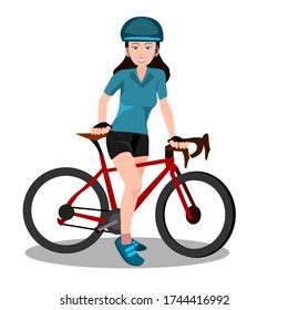 Beautiful girl cyclist Wear a cycling suit Standing with a road bike.Isolated on white..Eco transport.Cute design for t shirt print, icon, logo, label patch or sticker.