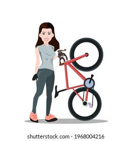 Beautiful girl cyclist Wear a cycling suit Standing with a road bike.Vector illustration isolated on white background.Eco transport.Cute design for t shirt print, icon, logo, label, patch or sticker.