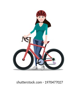 Beautiful girl cyclist Wear a cycling suit Standing with a road bike.Vector illustration isolated on white background.Eco transport.Cute design for t shirt print, icon, logo, label, patch or sticker.