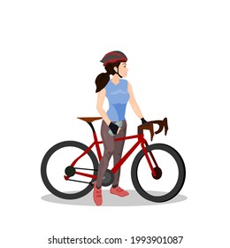 Beautiful girl cyclist Wear a cycling suit Standing with a road bike.Isolated on white..Eco transport.Cute design for t shirt print, icon, logo, label patch or sticker.