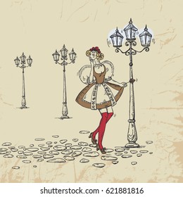 Beautiful girl in a czech national costume on the street with lanterns. Holidays. Czech Beer Festival. Vintage postcard. Vector hand drawn illustration
