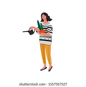 Beautiful girl in daily life scene. Young woman watering flower. Flat cartoon vector illustration