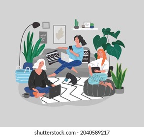 beautiful girl in daily life scenes. Young woman shopping, makes up, sleeping, relaxes, takes bath, chooses clothes, playing with cat, working, watering flower. Flat cartoon vector