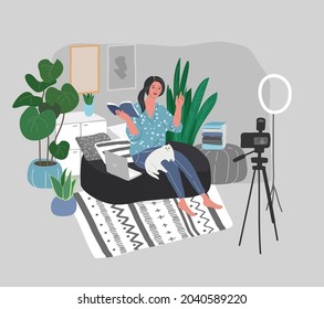 beautiful girl in daily life scenes. Young woman shopping, makes up, sleeping, relaxes, takes bath, chooses clothes, playing with cat, working, watering flower. Flat cartoon vector