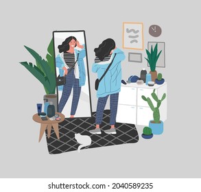 beautiful girl in daily life scenes. Young woman shopping, makes up, sleeping, relaxes, takes bath, chooses clothes, playing with cat, working, watering flower. Flat cartoon vector