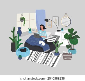 beautiful girl in daily life scenes. Young woman shopping, makes up, sleeping, relaxes, takes bath, chooses clothes, playing with cat, working, watering flower. Flat cartoon vector