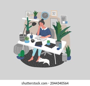 beautiful girl in daily life scenes. Young woman shopping, makes up, sleeping, relaxes, takes bath, chooses clothes, playing with cat, working, watering flower. Flat cartoon vector