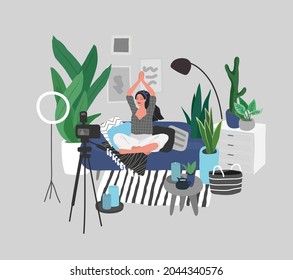 beautiful girl in daily life scenes. Young woman shopping, makes up, sleeping, relaxes, takes bath, chooses clothes, playing with cat, working, watering flower. Flat cartoon vector