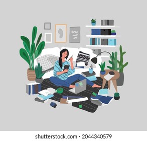 beautiful girl in daily life scenes. Young woman shopping, makes up, sleeping, relaxes, takes bath, chooses clothes, playing with cat, working, watering flower. Flat cartoon vector