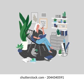 beautiful girl in daily life scenes. Young woman shopping, makes up, sleeping, relaxes, takes bath, chooses clothes, playing with cat, working, watering flower. Flat cartoon vector