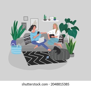 beautiful girl in daily life scenes. Young woman shopping, makes up, sleeping, relaxes, takes bath, chooses clothes, playing with cat, working, watering flower. Flat cartoon vector