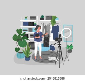 beautiful girl in daily life scenes. Young woman shopping, makes up, sleeping, relaxes, takes bath, chooses clothes, playing with cat, working, watering flower. Flat cartoon vector