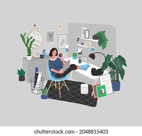 beautiful girl in daily life scenes. Young woman shopping, makes up, sleeping, relaxes, takes bath, chooses clothes, playing with cat, working, watering flower. Flat cartoon vector