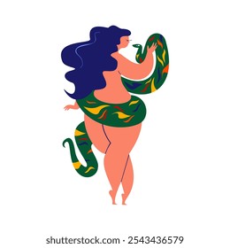 Beautiful girl dances with a snake. Vector hand drawn illustration.