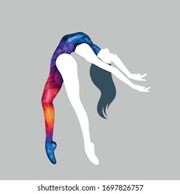Beautiful girl dancing ballet in a bright suit. Unusual colorful suit of triangles. Elegant girl symbol.