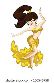 beautiful girl dancing belly dance in bright yellow dress on isolated white background. Vector, illustration