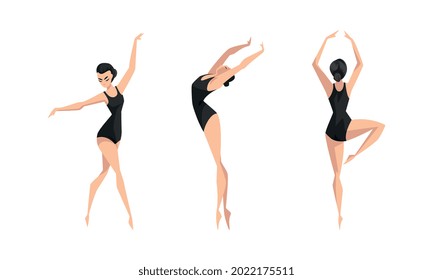 Hermosa chica bailando en juego de hojas negras, bailarina de ballet joven o vectores de caricatura de gimnasta Ilustración