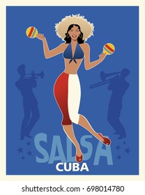 Beautiful girl dancing salsa with maracas. Retro style Cuba poster. Trumpeter and trombonist in the background.