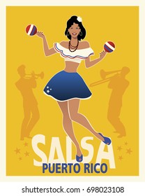 Beautiful Girl Dancing Salsa With Maracas. Retro Style Puerto Rico Poster. Trumpeter And Trombonist In The Background.