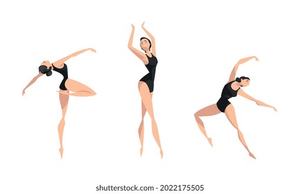 Beautiful Girl Dancing Set, Young Woman Ballet Dancer or Gymnast Character Performing in Black Leotard Cartoon Vector Illustration