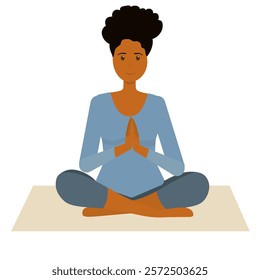 Beautiful girl with dark skin doing yoga and meditating on mat, illustration, international yoga day, banner, background. Vector