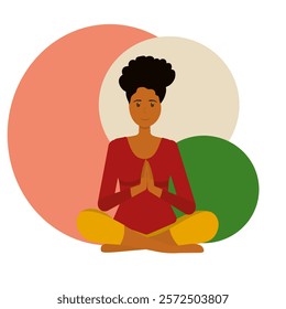 Beautiful girl with dark skin doing yoga and meditating on mat, illustration, international yoga day, banner, background. Vector