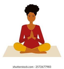 Beautiful girl with dark skin doing yoga and meditating on mat, illustration, international yoga day, banner, background. Vector