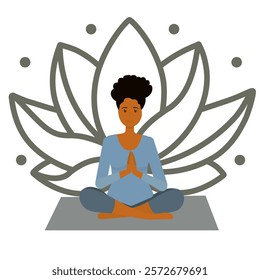 Beautiful girl with dark skin doing yoga and meditating on mat, illustration, international yoga day, banner, background. Vector