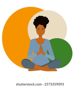 Beautiful girl with dark skin doing yoga and meditating on mat, illustration, international yoga day, banner, background. Vector