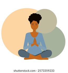 Beautiful girl with dark skin doing yoga and meditating on mat, illustration, international yoga day, banner, background. Vector