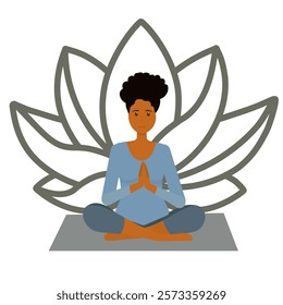 Beautiful girl with dark skin doing yoga and meditating on mat, illustration, international yoga day, banner, background. Vector